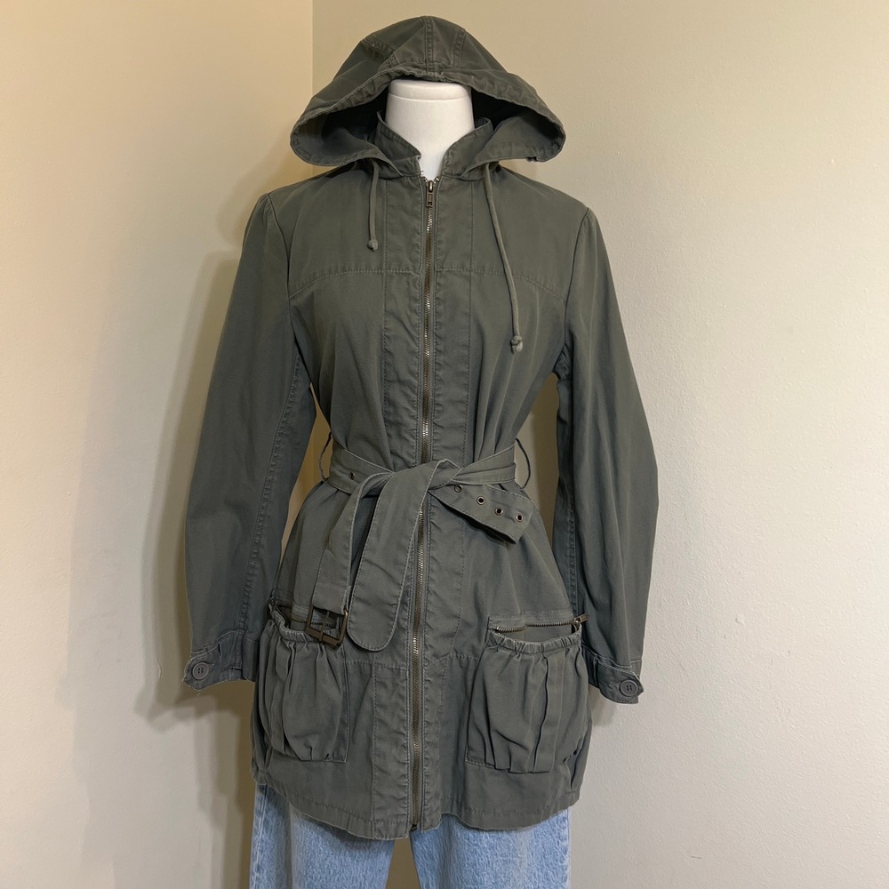 Cotton On Womens Olive Green Utility Jacket Hooded Belted Field Parka Size S